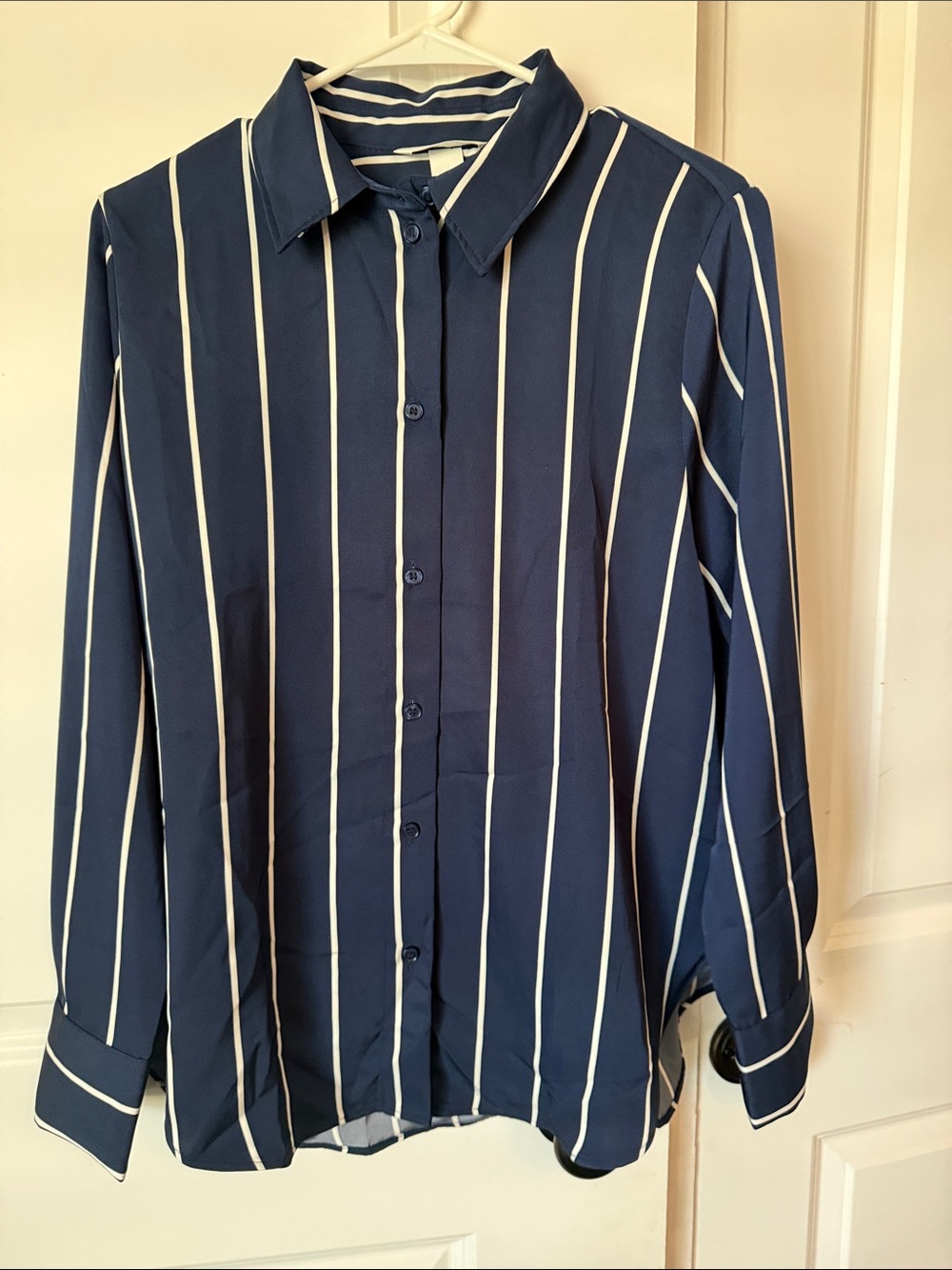 H&M Navy Blue Button-Up Blouse with White Stripes